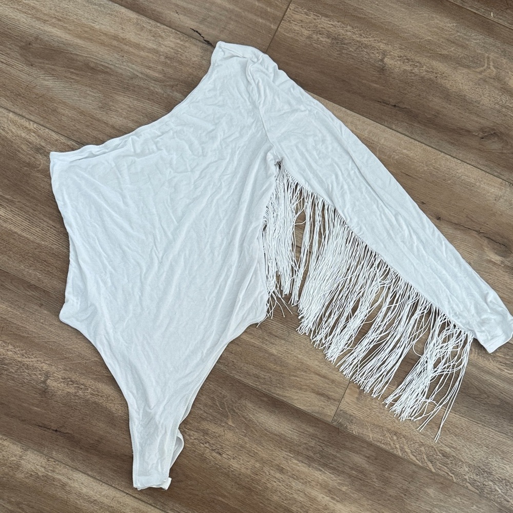 White Fringe One-Shoulder Top